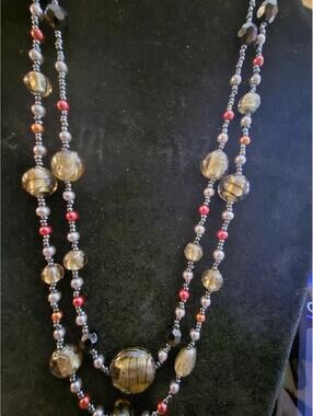 Vintage Italian 925 Sterling Silver Multi-Strand Gold Foil Glass Bead Necklace